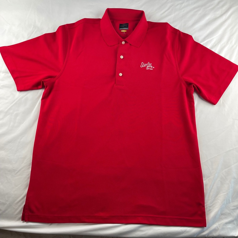 Greg Norman‎ Men's Play Dry Red Polo Shirt Starfire Golf Club Logo Large